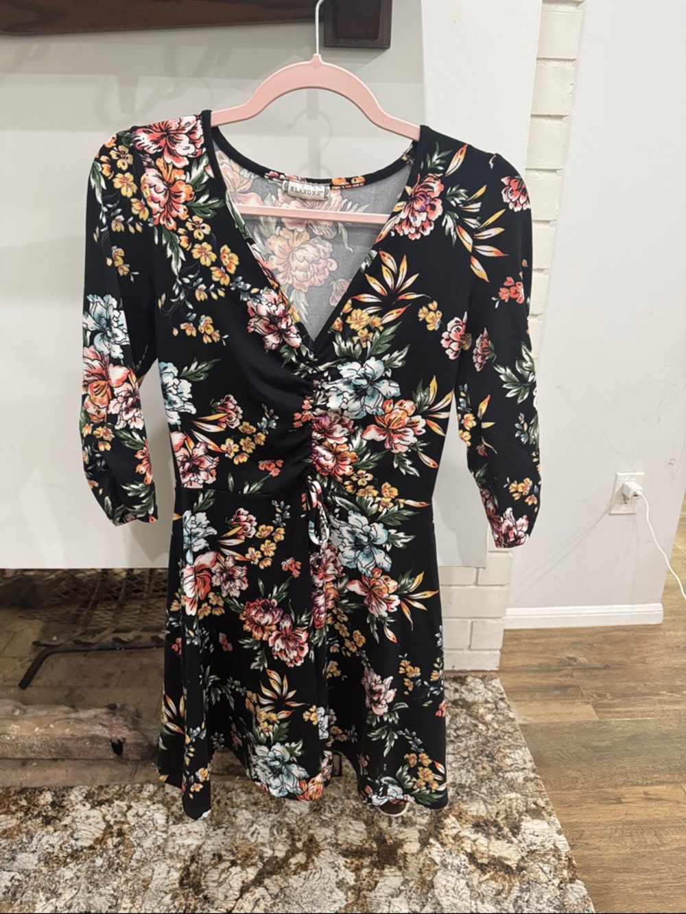 Floral Ruched V-Neck Dress in Black